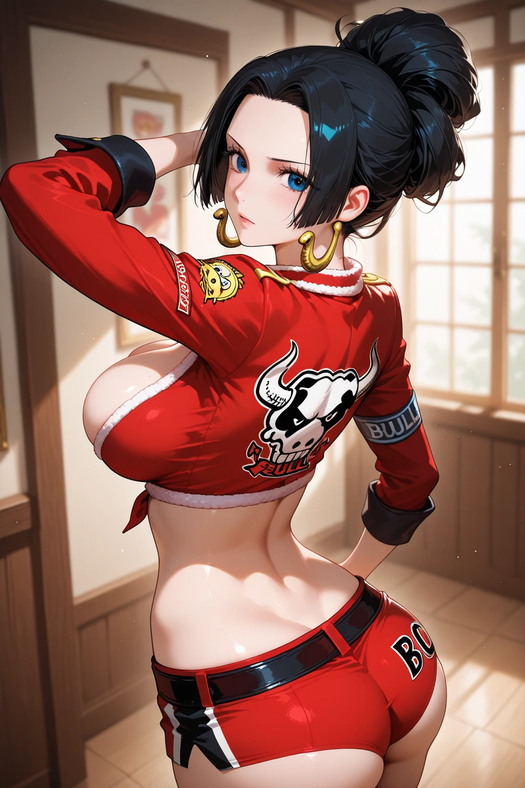 masterpiece, high quality, detailed eyes,
1girl, solo, (tomboy:1.2), black hair, gold eyes, short hair, bangs, (woman:1.0) (large breast:0.8), (voloptuous:1.0), glistened skin, shiny skin, oiled skin, tall, leggy, light smile, open mouth, pubic tatoo,
looking at viewer, japanese FESTIVAL, sunset, deep shadows, (contrapposto:1.0), hand on hips,(cropped shirt, short shorts), heart earing, tattoo, choker, thigh strap, necklace, nipple, cleft of venus, pussy, cameltoe,
(doujin:0.5), (anime:1.0),