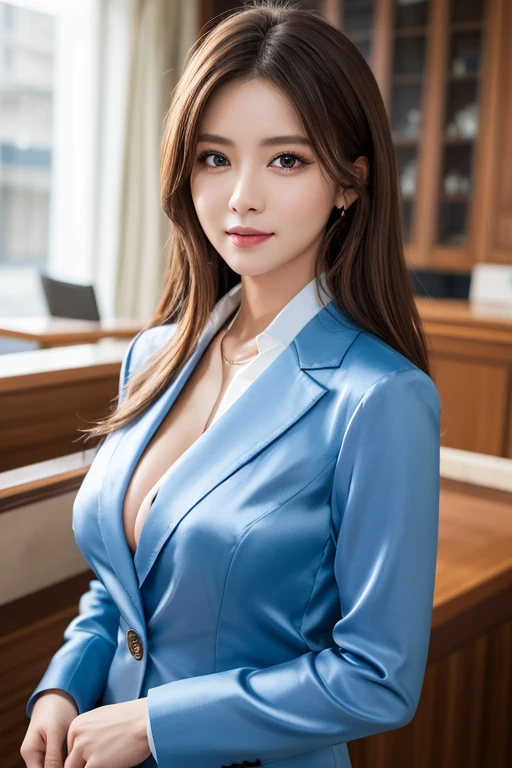 (highest quality, masterpiece:1.3, 超A high resolution), (Super detailed, Caustics), (Realistic:1.4,RAW shooting,)Ultra-Realistic Capture,Very detailed,High resolution 16k, Human skin close-up, The skin texture is natural, It must be detailed enough to be easily identifiable.。 Skin should look healthy and have an even tone。 Use natural light and color, ((Dark Blue Blazer:1.4)), ((The body is slim)), girl, Japanese, 18-year-old, cute, Long Hair, Big Breasts, smile, Turn your body forward, (View from the front:1.1), Looking into the camera,vision, focused on the chest, Light Brown Hair, ((Black choker)), Very long, bushy eyelashes, blue eyes, bangs、Luxury hotel lounge, Marble wall, sofa, ((Ore on a tray, luxurious counter, Over the counter:1.4)), Big Breasts, Red Lip