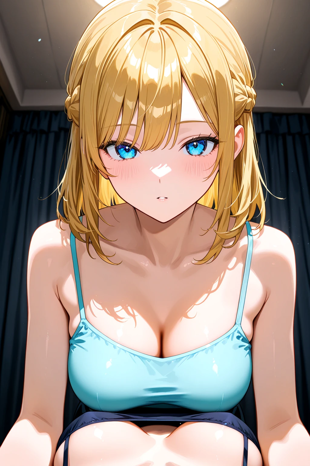 ((masterpiece, best quality;1.3)), ultra detailed, 8k unity wallpapers, CG, ray tracing, illustration, colorful, cinematic shadow, extremely detailed and beautiful background,vhd, shadering VRay,RT, 1girl, teenage, loli, blush, solo, blue eyes, blush, (blonde hair), (medium hair), large breasts, white glowing skin, highly detailed beautiful face, beautiful face, beautiful eyes, (talented Lo-Fi:1.3), naked, sexy, lewd, lace lingerie, navel, close-up, glowing, glowing light, ultra detailed, scenic, atmospheric