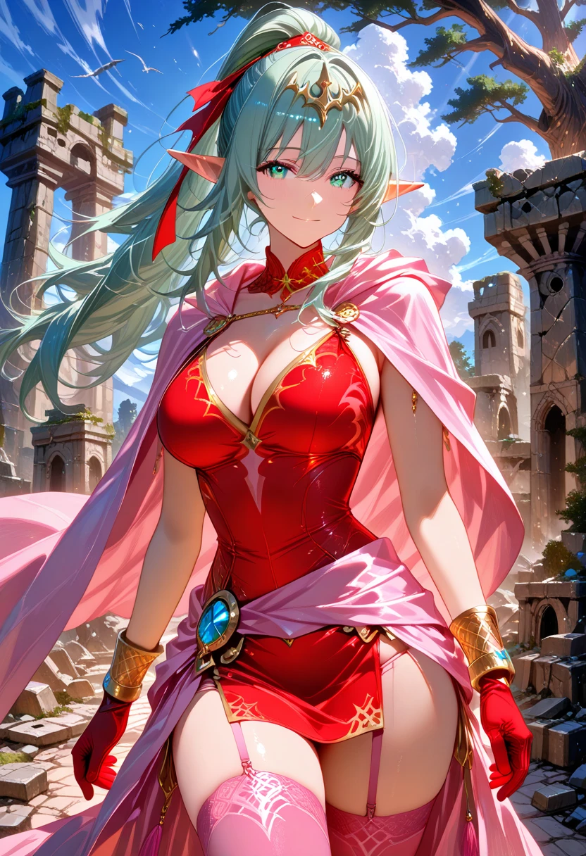 In the realm of anime, there exists a striking image of a woman adorned with emerald green hair, a fitting symbol of her unique and vibrant spirit. Atop her head, she proudly wears a grand tiara, its diamonds sparkling like stars in the night. Her attire is a spectacle of its own, composed primarily of heavy silver armor, meticulously crafted with intricate red details that accentuate its grandeur. The armor, reminiscent of medieval knight's attire, serves to protect her valiantly as she faces her challenges.
Draped over her shoulders is a majestic red cape, its color a stark contrast to the metallic sheen