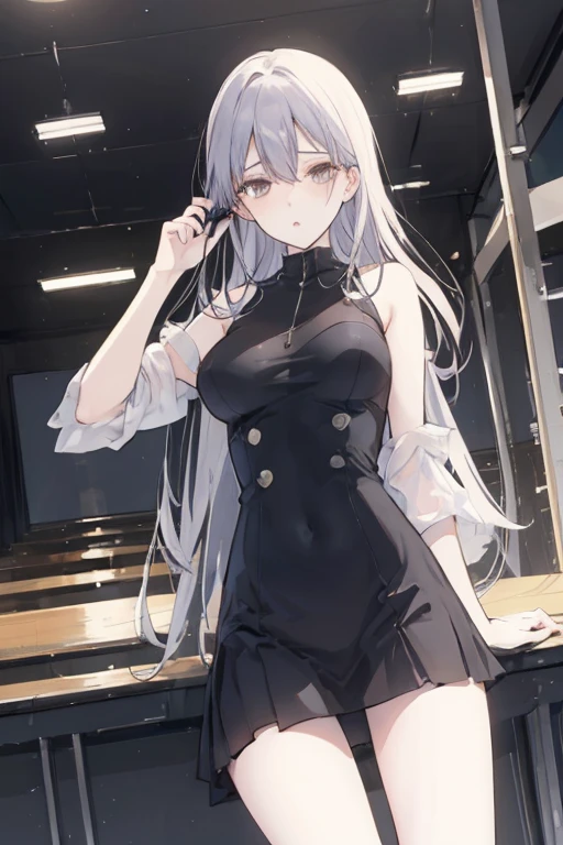 masterpiece, best quality, absurdres, perfect anatomy, 1girl, solo, long silver deep gray hair, cropped jacket, belt, cowboy shot, standing, smile, (arm behind back:1.5),(leaning forward:1.25),(perfect eyes:1.5), heterochromia, red eyes, gray eyes, leather, diamond lace, black punk,pale skin
Hime hair
