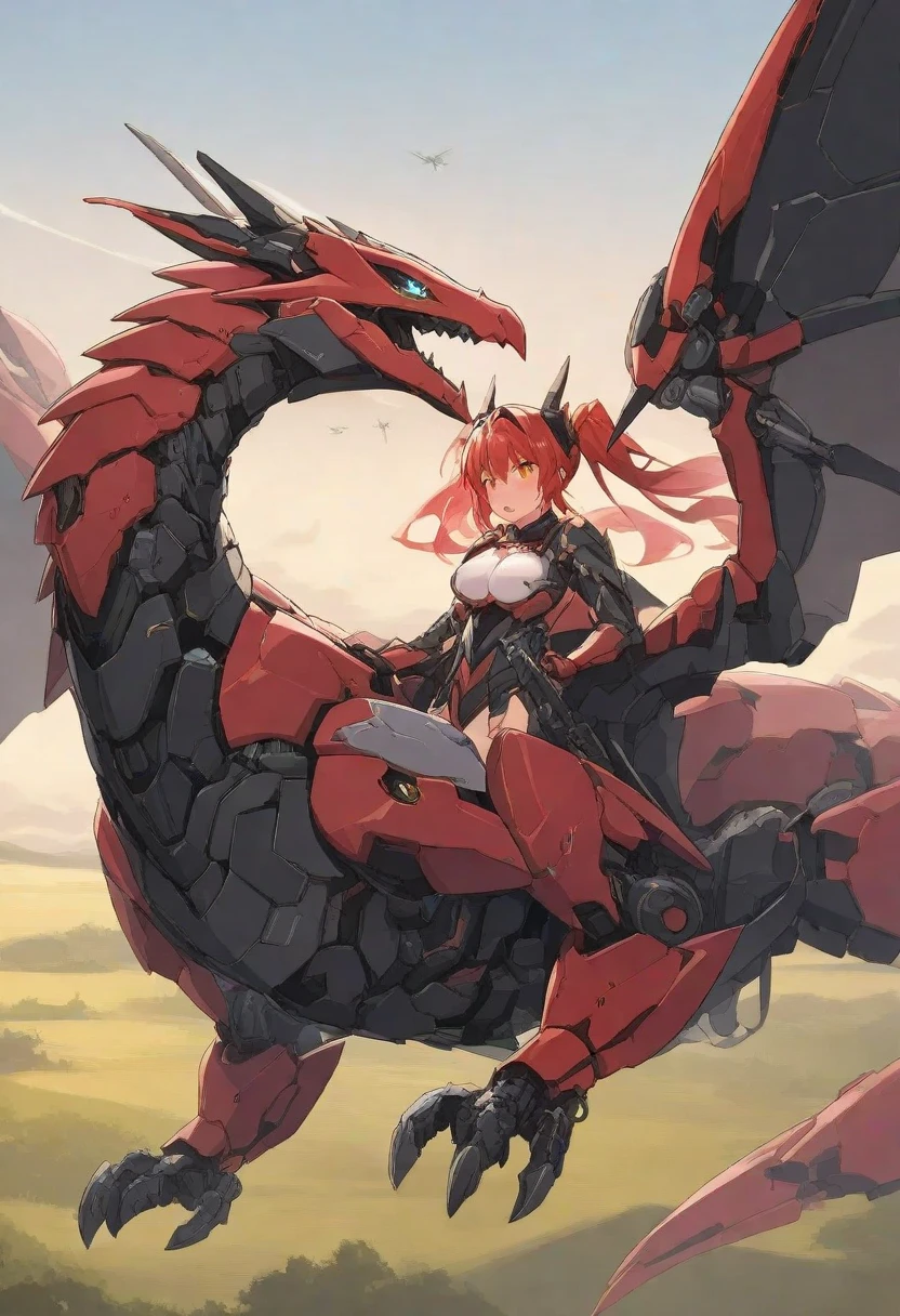 3dCG concept art.1girl riding a mechanical dragon and flying dynamically through the sky.The dragon is a completely robotic figure, with a stylish color scheme that makes use of red and white.The dragon is stylish and has many scaly machines.Very realistic Machine description,The girl has red twin-tail hair hairstyle, He wears flashy and stylish red and white robot armor.(The girl is straddling the dragon's neck and holding the long horns with both hands to control the dragon:1.5).The background is a sky filled with dark clouds and thunder and lightning.The girl and the dragon fly dynamically through the sky.A shot like a scene from an action movie,Super realistic,Ultra high quality, (masterpiece, best quality, 8k:1.5). Ultra detail,3d rendering, cinematic lighting, ultra fine painting, sharp focus,Professional photo resolution,
