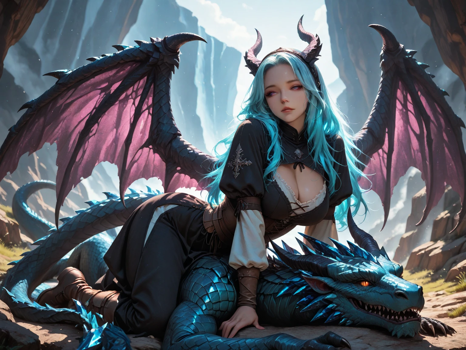a charming and moe dragon witch, white hair, cyan eyes, sat on the stone Roof then her hands kiss her face, Elbow on the Knee, clothes design: off-Shoulder, full-body robe, base color is black and red, some gold trim at Hem, sweet smile and Narrowed eyes, dragon Tail, dragon horn