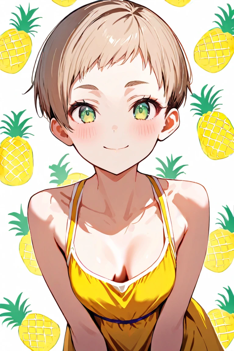 best quality, masterpiece, 1 girl, (licking, drooling:1.3), (short low twintails hair with bangs:1.3), yellow and white colored bikini, (medium breast:1.2), (solid yellow background:1.3)