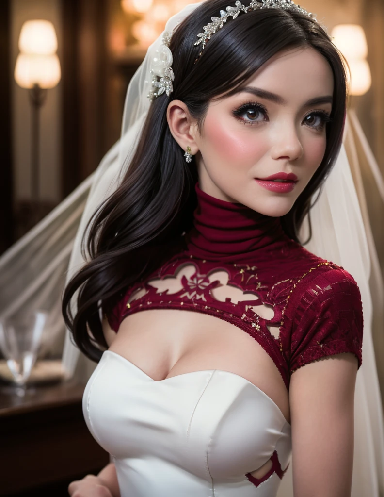award-winning portrait by Yousuf Karsh of sexy futuristic bride christinachong  wearing a sci-fi white rubber BDSM bridal gown, white (rubber) bridal gown, busty, white (rubber) corset, white (rubber) gloves, futuristic sci-fi cathedral, brutalist architecture, long and silky hair, arranged marriage, bridal fetish, BDSM elements, white (rubber) BDSM choker, bridal (slave), (submissive bride), sexy and dramatic makeup