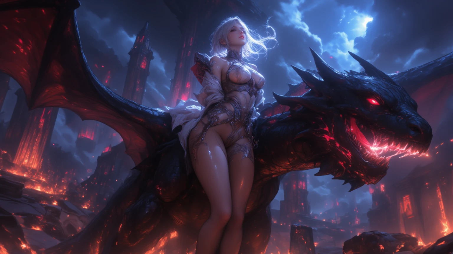 ((best quality)), ((masterpiece)), (detailed, extremely detailed), demon girl, monster girl, (sitting, leaning back, riding dildo), ((burning wings, wings on fire, flaming wings)), (scales, scale covered skin, scaled skin, dragon scales), (((black skin))), midnight, full moon, dark forest, campfire, fit toned body, huge breasts,  (dildo deep in vagina, vaginal insertion:1.2), (huge insertion, large insertion), view from below,  <lora:dildoRiding2:0.2>,  <lora:Concept-Large-insertion-NAi-text1.0:0.3>