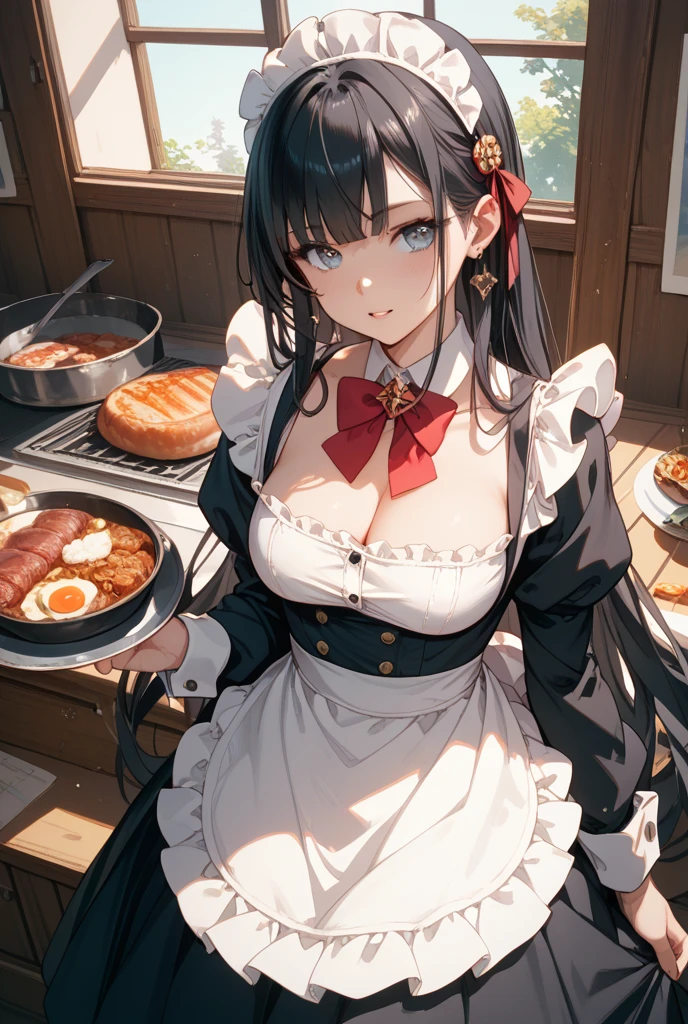 (dynamic angle:1.3, front view:1.1, breast focus:1.3, from below:1.1), (dynamic posing:1.2, sexy posing:1.2), (seductive smiling:1.3), ((holding Pasta on a plate,Taking the pasta out of the pan, worried about the outcome:1.2)),highest quality、(real、photorealistic:1.4),(ultra high resolution, 8K RAW photo, clear focus), best qualtiy, natural lighting, field depth, (Bright pupils, detailed beautiful eyes, high detailed face), Red lip, (tight focus:1.2), a girl 22yo old, Wearing a pastry chef uniform:1.3 , Thicc, thin breast, long hair, blue eyes,garter stocking, cleavage:1.2, midriff, black shorts, black thighhighs, thigh strap, pretty girl, (highly detailed beautiful face and eyes,firm breasts),real skin,((black,hair,long pony tail hair)),thin pubic hair,cute,lovely, detailed eyes,(double breasted:1.0,under bust:1.0),(with sparkling eyes and a contagious smile),open mouth, Looking at Viewer,A scene of make cooking  Pasta in the kitchen
