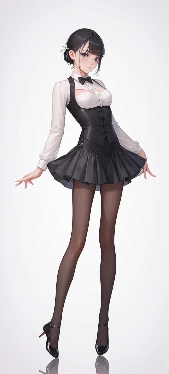 1girl, red hair, green eyes, freckles, pigtails, medium chests, hair intakes, black dress, puffy sleeves, black footwear, white background, full body, simple background, anime waifu style