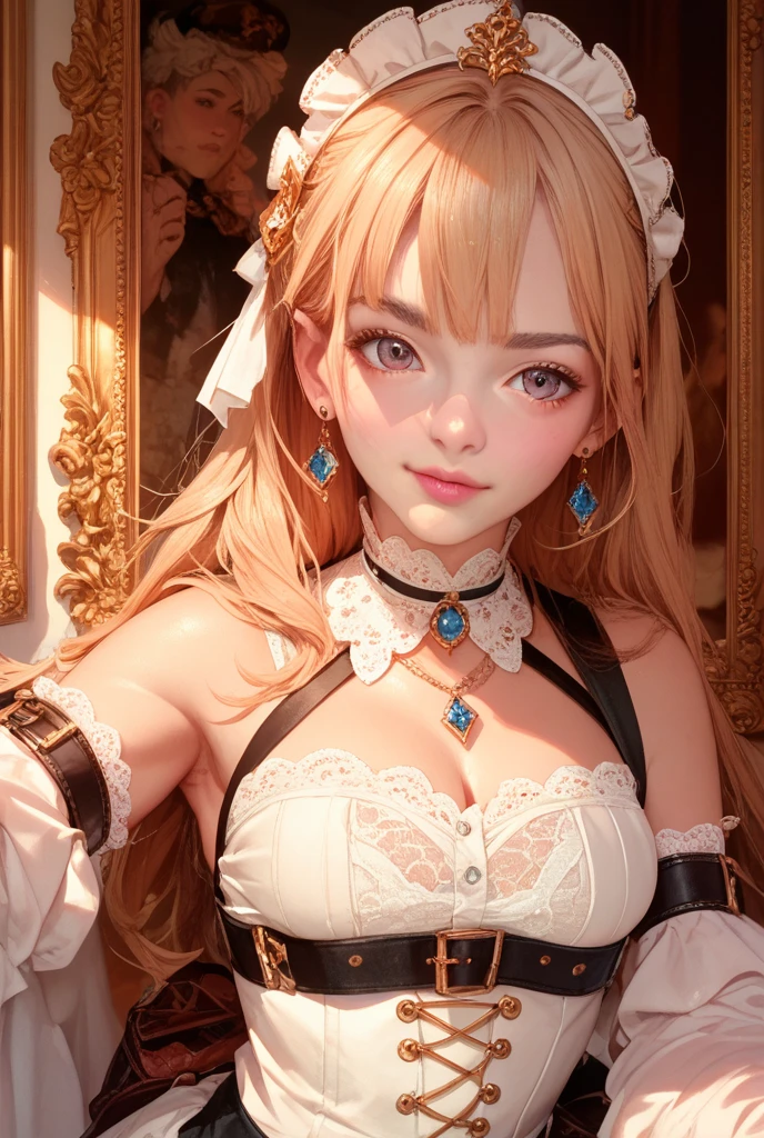 (masterpiece, best quality), 1girl, blonde hair, blue eyes, drill hair, Corsets with intricate designs, blush, looking at viewer,