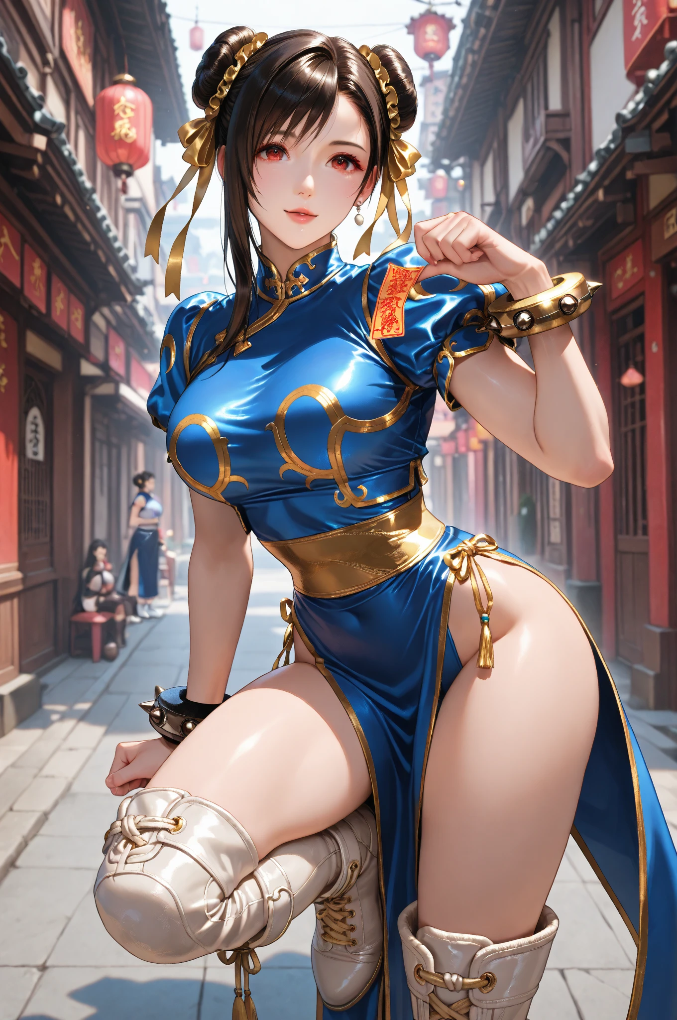 1girl in、anime a girl、Kung Fu Girl、Chinese Martial Arts Uniform、Highkick、huge tit、dojo、valley、redhair、poneyTail、Blue eyes、top-quality、Buttocks、perspiring