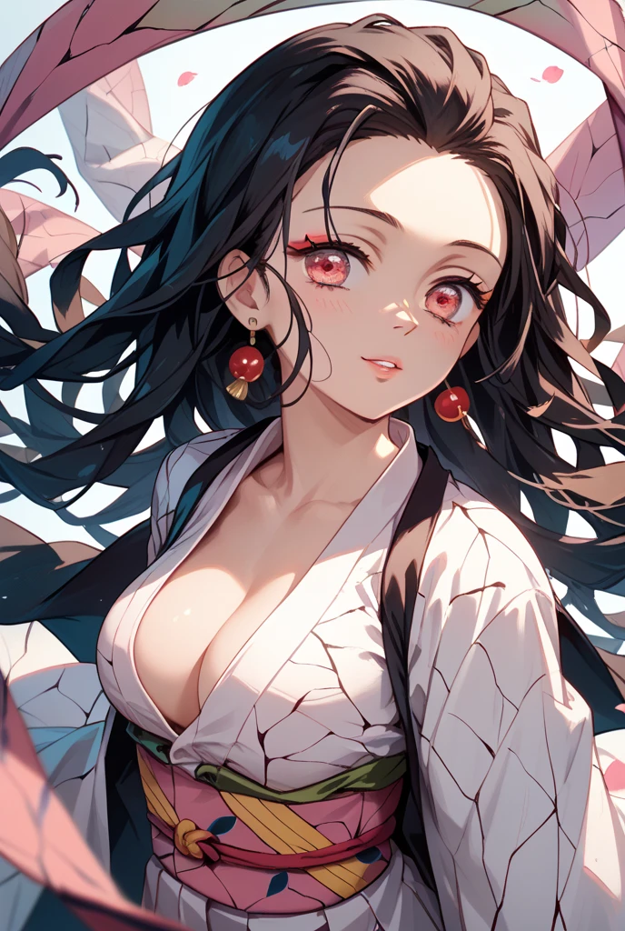 Anime,Nezuko Kamado,Demon Slayers series,Anime series , wide four head,pink pupils,pink kimono with green and black belt, long black hairs, big breast, mature body,