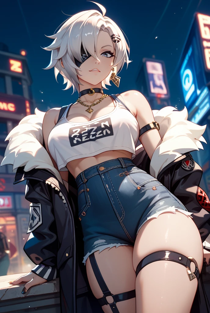 25 years old woman, white short hair, big eyelushes, red eyes, sensual look, white crop top, (padded jacket), (bare belly), ripped jeans, leather boots, (sunset) shibuya, anamorphic lights, award winning, masterpiece.