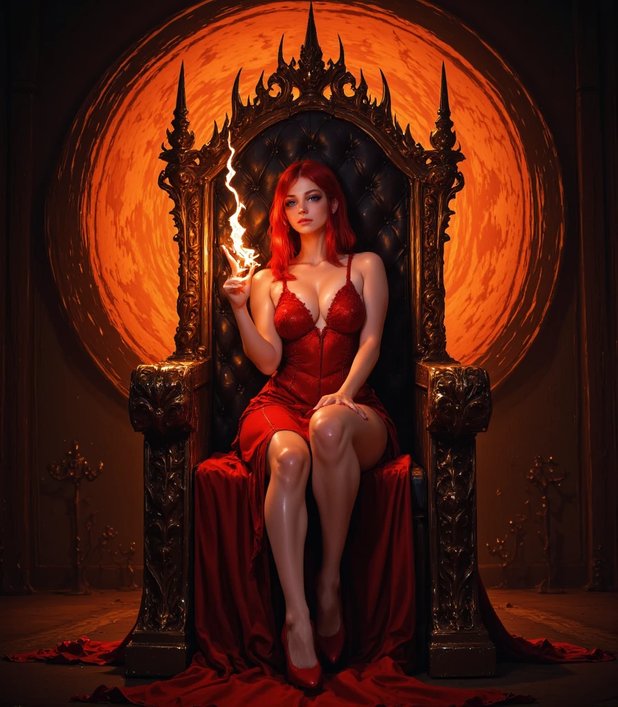 in hell: evil demon woman with red hair and with full red skin body and glowing red eyes sitting on a throne posing side point of view, hell in the background with spirits and flames,  pose, cinematic shot, high heels