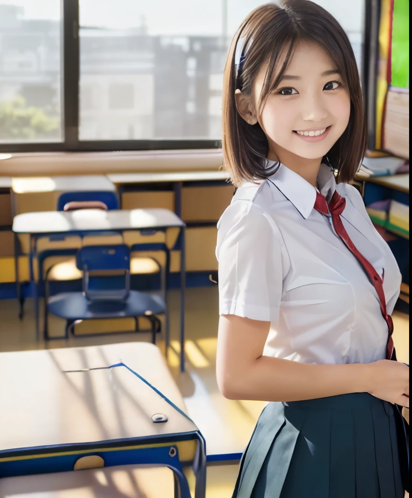 masterpiece, face close up shot, front view, a Japanese young pretty woman, running towards camera down the hallway in the school with big smile, glamorous figure, wearing a short sleeves white collared shirt with a plain shiny red satin bow tie, wearing a blue tartan plaid long length skirt, wearing short length white socks, wearing white and red school shoes, absolutely pretty face, glossy lips, double eyelids in both eyes, Natural makeup, long eyelashes, shiny smooth light brown hair of medium length, asymmetrical bangs, tanned skin, alone in the classroom, a textbook and a note on the desk, head frame, central image, 8K resolution, high detail, detailed hairstyle, Detailed Face, spectacular cinematic lighting, octane rendering, vibrant, hyper realistic, perfect limbs, perfect anatomy