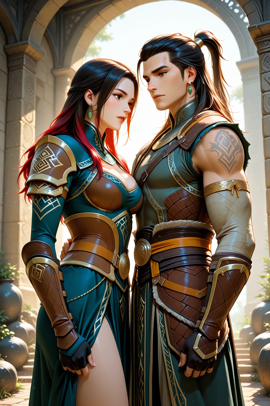 (best quality, master part, Melhor_qualidade, circunstanciado:1.5), Amazonian Warrior (Greek Mythology): Wearing well-worn leather or bronze armor, wearing a worn helmet or headband, and a faded Greek flag patch, symbolically, with brown hair in a braided hairstyle and adorned with feathers, complemented by intense green eyes in an epic mythical landscape