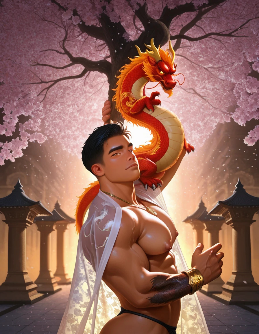 (photorealistic, masterpiece, best quality), handsome asian male, chinese man,Milky white skin, pale skin, young, slim athletic body, wearing nothing,athletic physique, slender, no body hair, wearing nothing, completely naked , Realistic, fully naked, nude, perfect , male , correct male scrotum, perfect scrotum, male structure, correct male genitelia, huge and veiny male genitelia, hard male genitalia, erect male genitalia, artistic and magical background, chinese mythology, lunar new year inspired, year of the dragon, reds and golds, fantasy art,