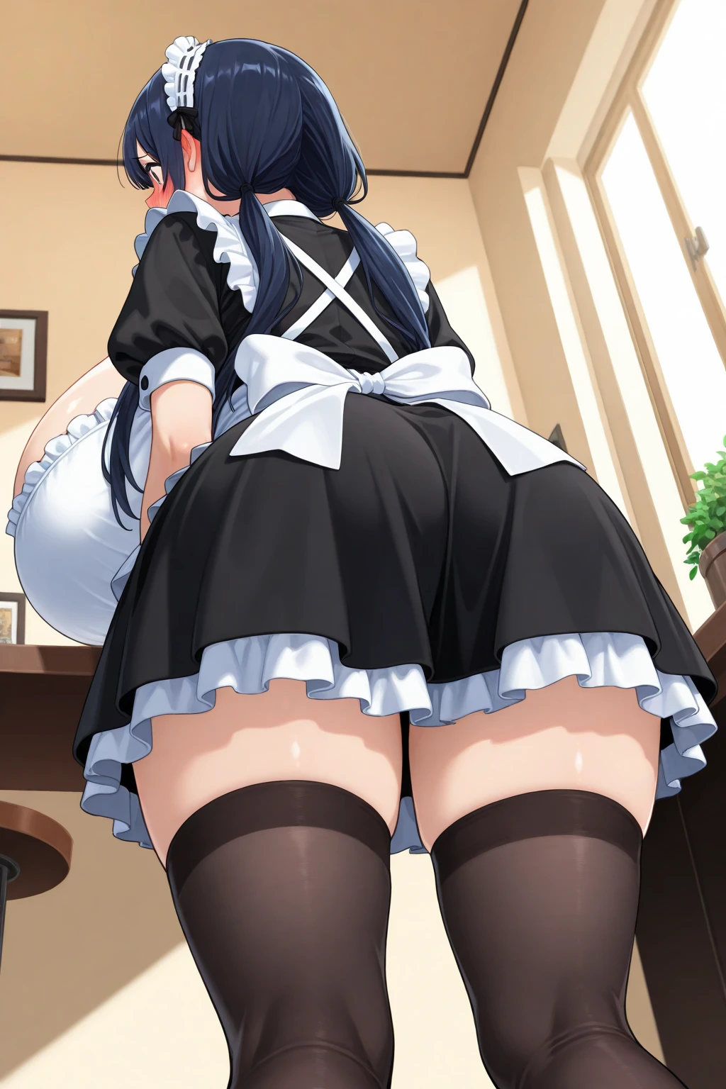masterpiece, best quality, ultra detailed, 1girl, dark skin, twin tails, ,maid clothes ,show striped panties under pantyhose, open legs,　leaning forward, ,looking_through_legs, looking back, from behind, 