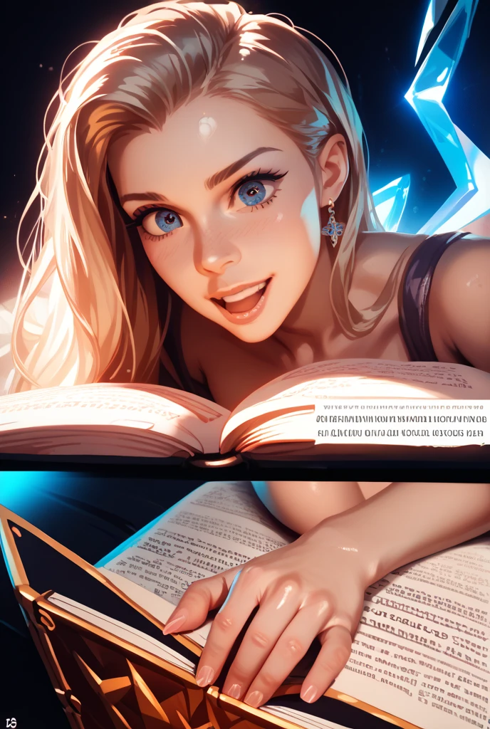 ((materpiece)), ((best quality)), ((cinematic lighting): 1.0), ((medium close-up): 1.0)A Witch, white hair, pale skin, red eyes, holding an open grimoire. Behind her, several demonic creatures peer at the book, preparing to leave their hellish prison.