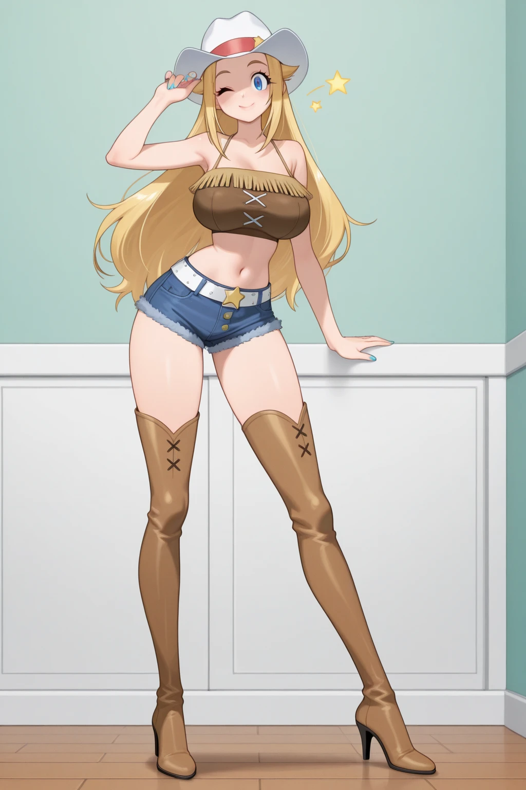 View from above a very short blonde humanoid girl with pale skin and long blonde hair and blue eyes and fluffy mouse ears and a short thin mouse tail and average breasts with a towel around her and is standing on wood next to a stack of giant coins. Giant coins.