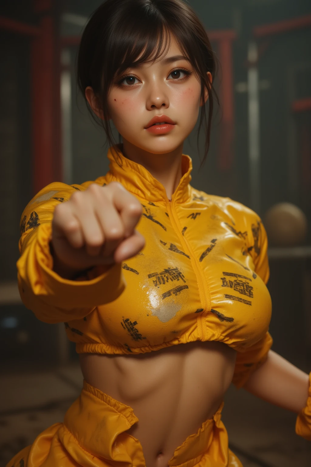 Realistic, Extreme close up, Create an image of an intense anime character girl long hair, natural medium breast, a little cleavage, with spiky, golden-yellow hair. Holding samurai, The character appears to be in a dramatic moment, with tears streaming down her face and a determined expression. She is wearing a traditional Japanese-style outfit with a distinctive orange and black pattern. The background is dark and dynamic, with sparks, yellow lighting, thunder and energy surrounding the character, enhancing the intense atmosphere.