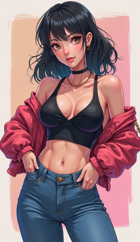 score_9, score_8_up, score_7_up, source_anime, rating_explicit, beautyful mature japanese woman, slim body, slender body, pink jacket, black necklaces, black chocker, lowered black jeans,big long fringe black hair, black lipstick, black bra, SMOKING, pink panties