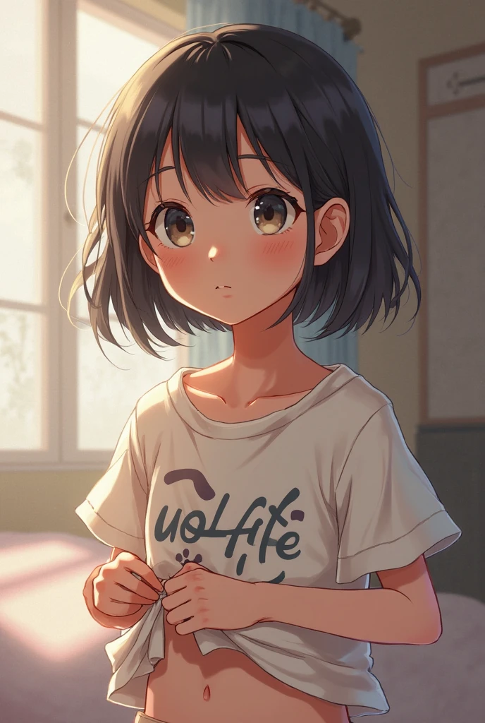 Residential Street,smile,Standing,Put your hands behind your back,close your eyes,1 ,boyish.Two-block shorthair,Black Hair,blush,White T-shirt,Olive green shorts,Brown Sandals,White skin,summer,From below,Open your hands,shy,Sweat,Grin,