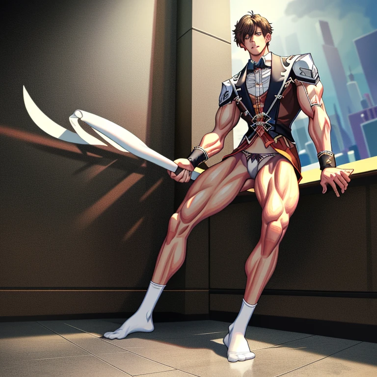 score_9,score_8_up,masterpiece, best quality,very aesthetic, absurdres,1boy, cyborg devil refresh handsome sporty last BOSS knight man, illustration, lean muscler, man wearning big clock shaped right arm parts and rpg coat and sumo fundoshi and sumo belt, short hair, sumo battle, sitting,crouching, having clock shaped sword, short hair, simple color, space, japan anime style, blue and purple and light green and white