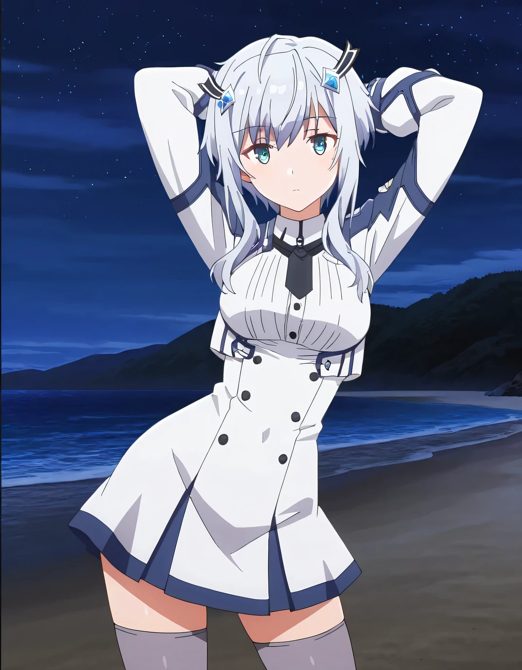 MishaNecron, 1girl, short hair with long locks, grey hair, white dress, uniform, grey thighhighs, 8k, high resolution, anime screencap, high quality, closed mouth, solo, cowboy shot, night sky, beach, arms behind head, ((contrapposto)), looking at viewer, expressionless, best quality,
