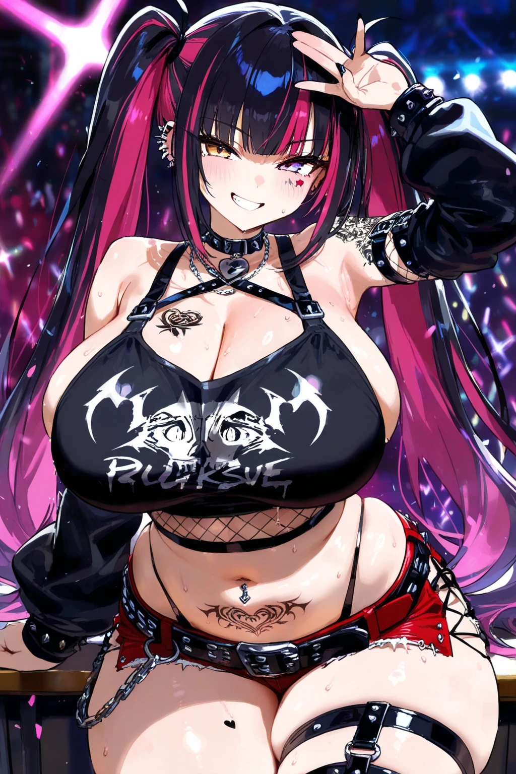 big lips, Brown hair, pink eyes, japanese face, improve, improve grin, two sides up, huge breasts, Wide hips, sexy, detailed, room, Hits, (evil smile1.4), kawaii, pleated skirt, punk, GOOD, Pink and black suit, plaid skirt, punk shirt, choker, punk skirt, punk shirt,navel piercing, lying in bed 
