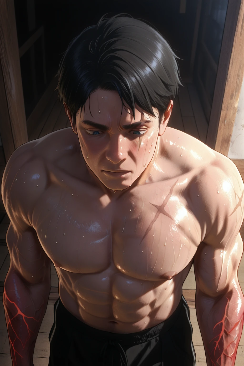 best quality, masterpiece, (realistic: 1.2), 1 man, Eren Jaeger, real life, live action, black jeans, black pants, brown hair, attack on Titan, long hair, abs, muscles, shirtless, sunset background, fitness, fit body, slim body, high definition, high quality, gigachad