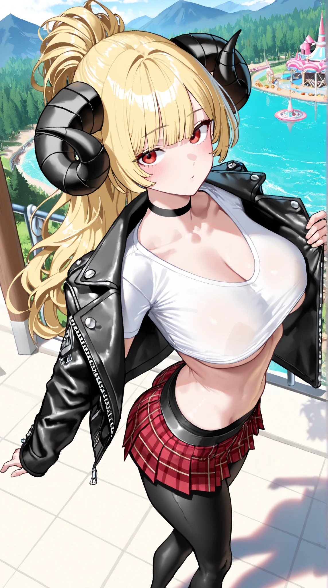 20 year old woman, busty, bubble butt, hourglass figure, skinny, blushing, embarassed, shocked expression, horny, seductive, long hair, platinum blonde hair, wavy hair, wearing cropped biker jacket, white tshirt, cropped tshirt, bootyshorts, tight fitting clothing, in park, anime, flat colors, dynamic pose, running, sprinting, heavy make up, kissable lips, red lipstick, ((open mouth)), ((drooling)), ((wet)), ecchi style, hentai, ecchi anime style, seductive, punk style, punk hair, punk clothing, shuddering, vibrations, shaking, jiggle, vibrator in pants, akira, akira motorcycle, futuristic
