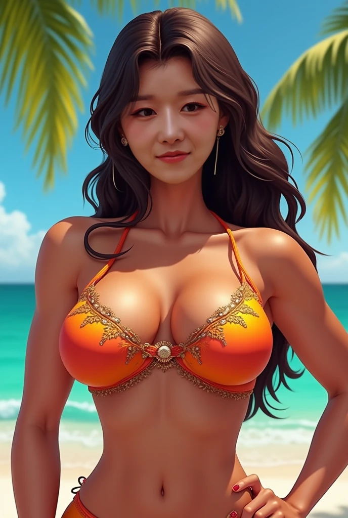 Long straight hair、Tan Skin、Beautiful woman in a shark print bikini、Big Breasts、Big Butt、Six Pack、Greasy skin、Glowing Skin、A cool smile、Detailed face and body、Correct Anatomy、Photorealistic、8K、high quality、Detailed skin texture、Beautifully detailed eyes、Beautifully detailed lips、Highly detailed face、Long eyelashes、Elegant pose、Tropical sea、sunlight、Warm colors、Golden Hour Lighting、Cinematic、Highly detailed background、rich vegetation、Ocean Waves、Clean, crisp details