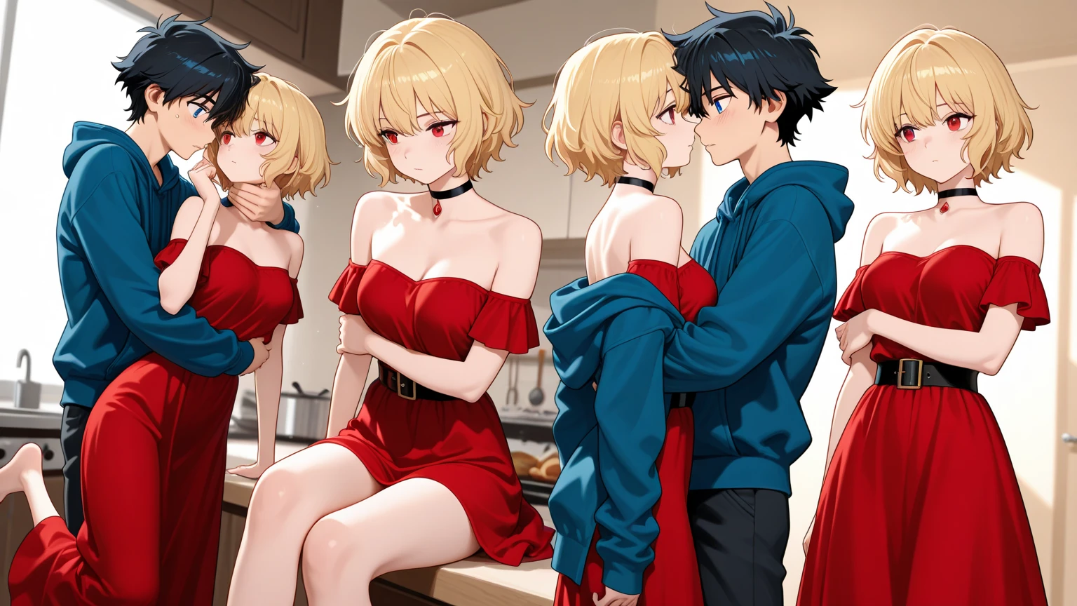 (((Gran obra maestra de anime TV))), ((bien detallado)), (pareja de 1 chico y 1 chica), el chico tiene el pelo corto rojizo unos eyes red radiant y rostro masculino,... La chica zorro tiene el pelo largo y gris., His eyes are also bright red., ella esta sonrojada., mientras se mirar mutuamente antes de besarse, -auto completo..