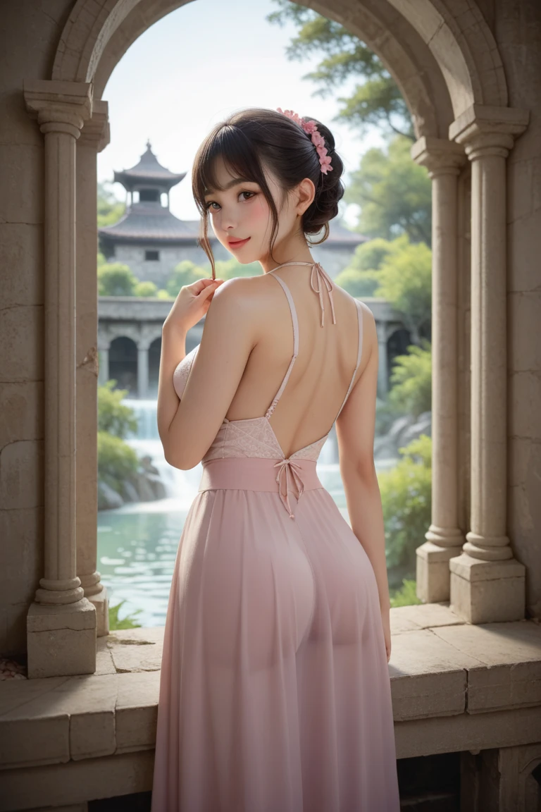 Full body of a girl standing in a Chinese palace square,A girl with a sensual and seductive atmosphere,(Standing whole body),Raise your arms and show your armpits,Wearing a very long and sexy pink Chinese dress,A Chinese dress made of very thin fabric,A tight-fitting Chinese dress,Extra long side slits up to waist height,You can see her string panties through the slit,Long eyelashes,double eyelid,Detailed eyes,Large Breasts,Cleavage,Small waist,Attractive thighs,Long legs,Perfect proportions,Perfect body,Anatomically accurate body,I am looking at this,Chignon twin bun hairstyle,masterpiece,Photorealistic,High resolution:1.2,High definition:1.2,Highest quality:1.2