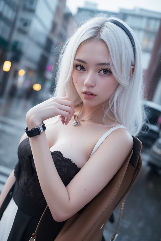 highest quality、8k Masterpiece、超A high resolution、(Photorealistic:1.3)、RAW Photos、1 girl、Silver Hair、ponytail、Glowing Skin、1. Super-beautiful Cyberpunk Soldiers、((Ultra-Realistic Details))、Portrait、Global Illumination、Shadow、Octane Rendering、8k、Super sharp、Beautiful breastetal、Cold colors、、Very intricate details、Realistic Light、CGSoation Trend、Beautiful Eyes、Shining Eyes、To the camera、Neon Details、２０age、Half face、intellectual、Elegance、smile、Charmな赤いパーティードレス、whole body、Healthy Body、The background is the red-light district at night、love、short hair、One thigh is sexy、Charm、Silver necklace、shiny hair、