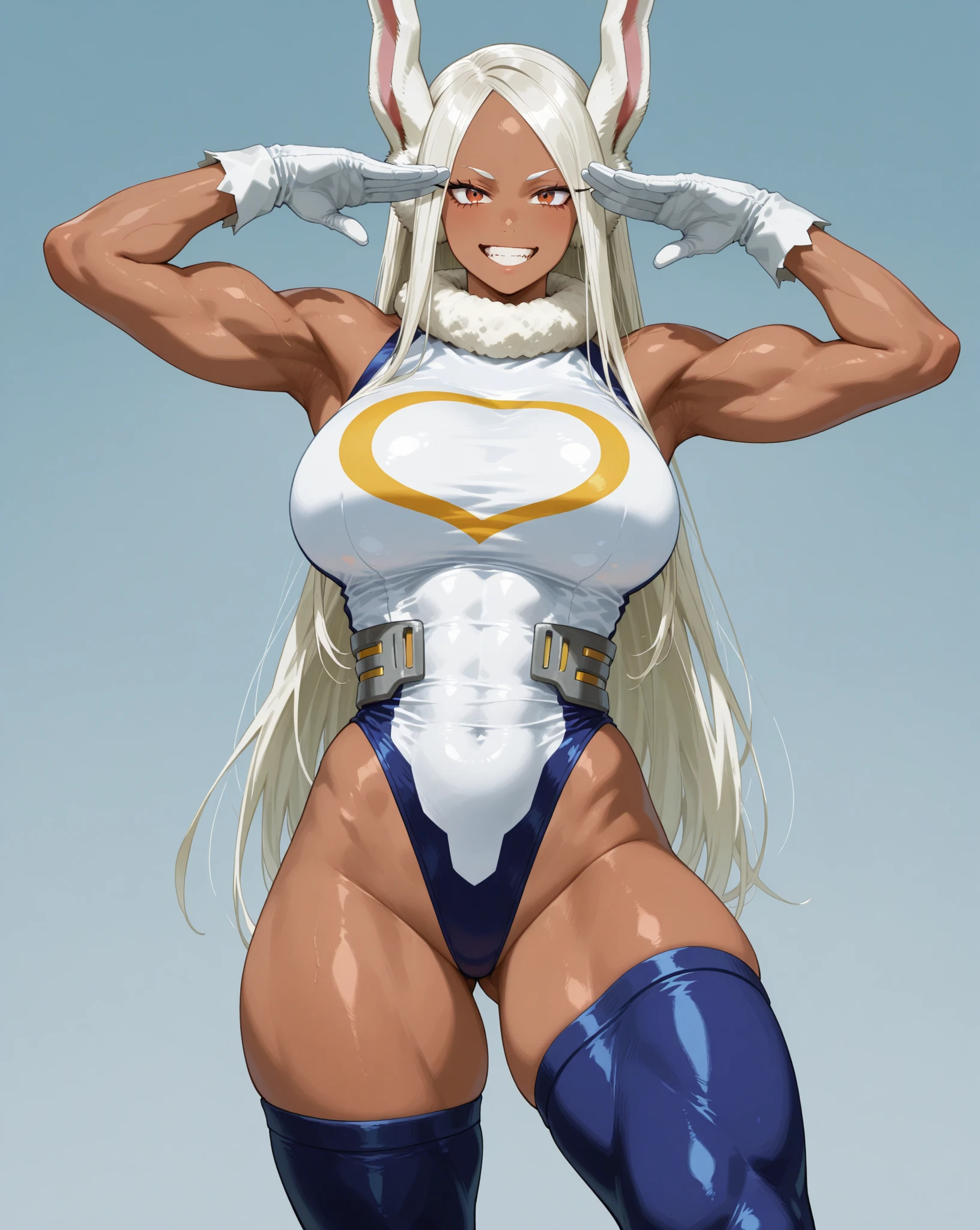 absurdres, highres, ultra detailed, (1 girl:1.2),huge breasts, (dark tan skin:1.4), abs:1.25,unity 8k wallpaper,a woman, fishnet stockings,Dynamism,cinematic shot, intricate details, rumi usagiyama,rabbit hero mirko,白い髪、