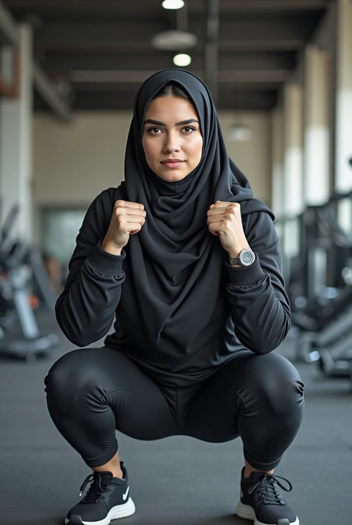 A Muslim gym fitness girl in fully covered clothes black theme doing exercises