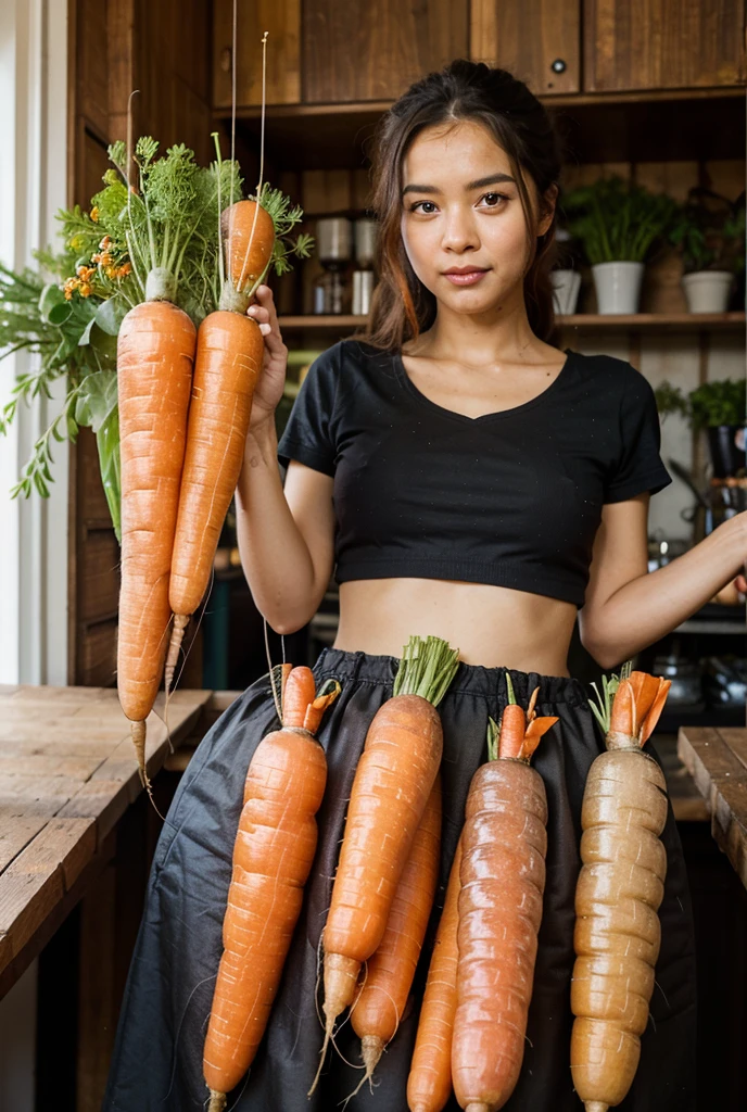 Beautiful Caucasian woman with light red hair and green eyes and freckles on her face hugging a giant carrot, Trend in CGTacing:, pose atraente, cenouras, hyper real render, Pose casual segurando cenoura gigante, bunda forte, Coxas Fortes, seios grandes, cintura fina, pele cara, sardas no rosto, gogo dancer, mini saia curta, realista, top e shorts curto streetwear, cabelo ruivo claro, shorts curto, mini saia curta, mulher voluptuosa, sexy, Top e Shorts, shorts despojados, cor de cenoura , Ross Tran 8 K, Amouranth, Sorriso aberto.