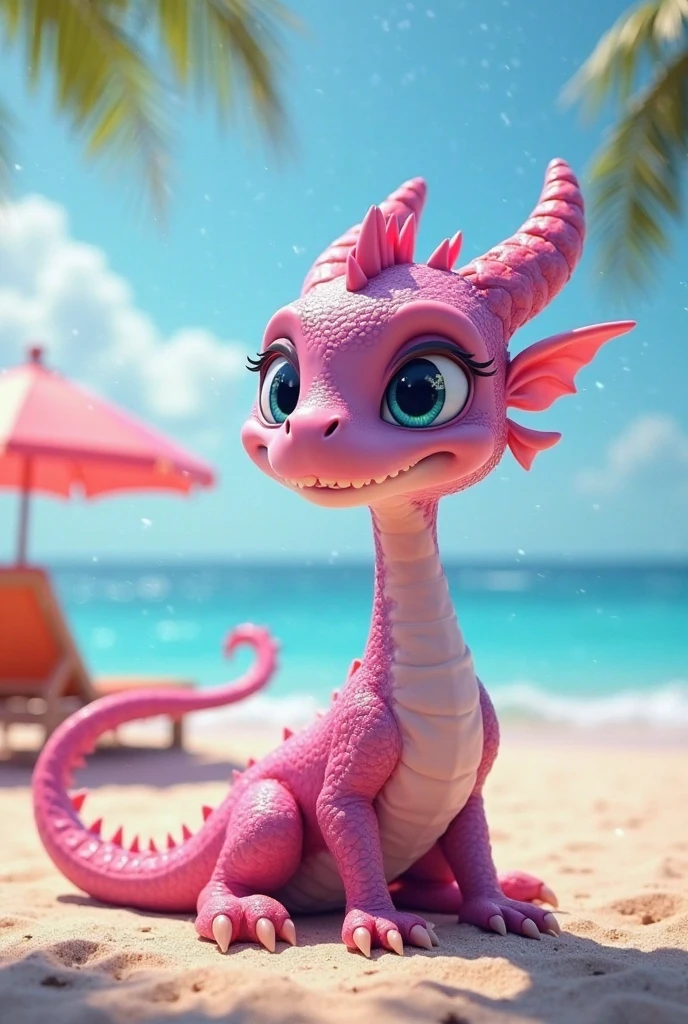 masterpiece,high quality,Monster,独奏,dragon ,(chibi:1.2),pink body,pink dragon,horns,wings,lying on the ground,injured,unhappy,looking forward,looking sideways,head focus,poor,seaside,beach,blue sky,landscape,(non-human:1.2),lying,frustrated_brow,annoyed,frustrated,on stomach,Painful expression，(The expression to cry:1.2)