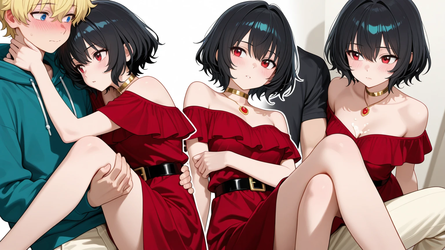 ((ultra quality)), ((work of art)), ((8k)), ((yor)), murderer,((Kizi)), alone, ((Bblack hair)), (beautiful face), enchanting, ((happy facial expression)), looks at the camera with a slight smile, (white skin color), (Caucasian skin), body shine, ((beautiful detailed female eyes)), ((Eyes red)), (beautiful female lips), (dark eyeliner), (beautiful female hands), ((ideal female figure)), ideal female body, beautiful waist, beautiful hips, medium breasts, (cloth: red sweater, ((high thong panties), ((subtle and beautiful)), standing, lies sedately, ((Depth of field)), ((high quality clear image)), (clear details), ((high détail)), realistically, ((Focus Clear)),cute, アニメ.