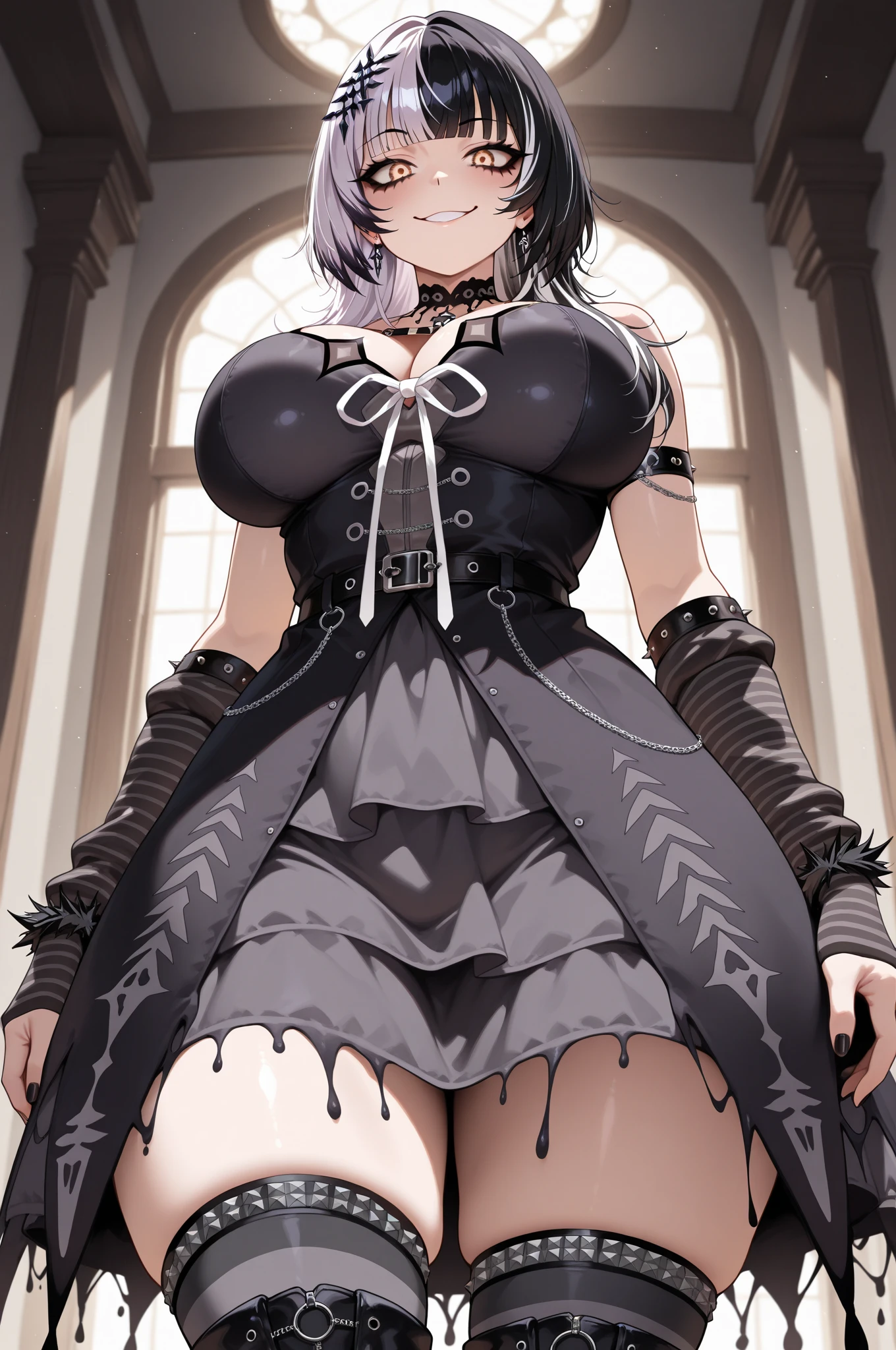 Official Art, Unity 8k Wallpaper, Super Detailed, Beautiful, Beautiful, Masterpiece, Top Quality, Too Classy, Unrivaled, Darkness, Madness, Atmosphere, Mystery, Romanticism, (Erotic), Spooky, Literature, Art, Fashion, Cyberpunk, Victorian, Embellishment, Complexity, Race, Contemplation, Emotional Depth, Supernatural, (1 Girl), Smile, (Solo, Neck), Portrait Composition, (marin kitagawa), ((super huge breasts 2.6)), (sexy butt 1.8), (enchanting lips 1.8), (dazzling torn clothes 1.8)