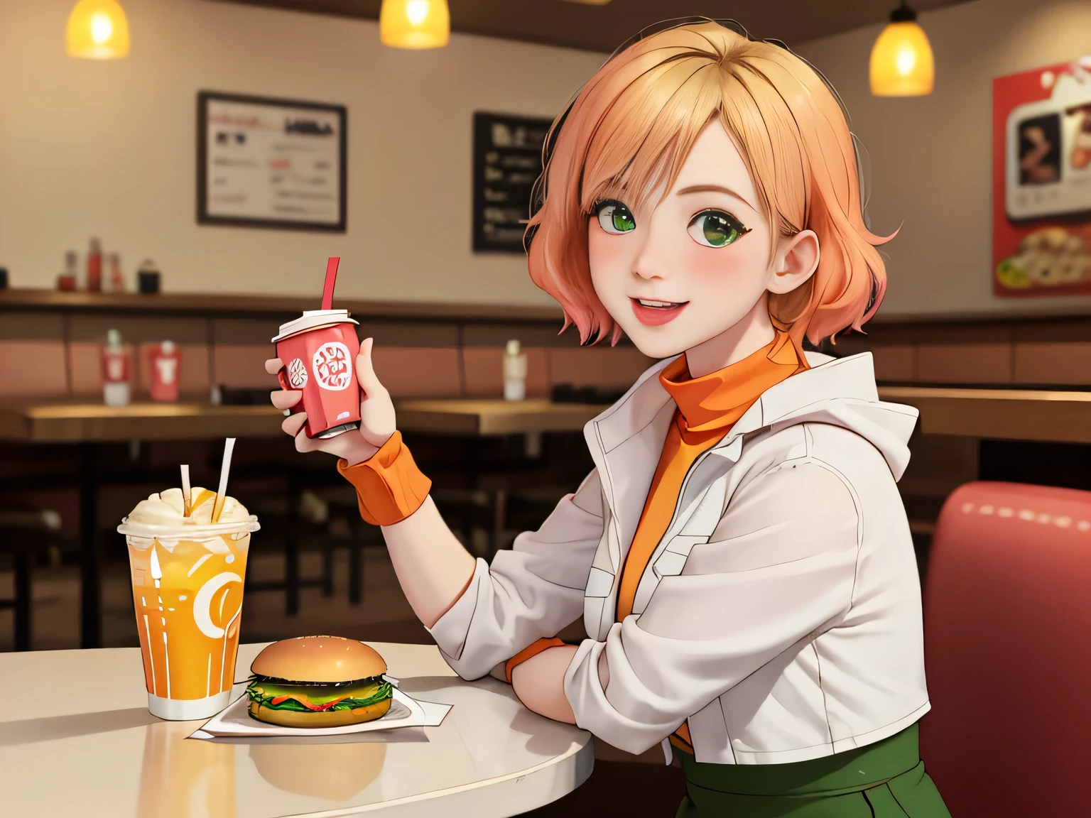 **Prompt:** Create a vibrant and charming scene featuring a cute girl resembling Heather Mason waifu as she enjoys her soft drink in a fast food restaurant. With her short, stylish blonde hair adding to her playful aura, she wears a white vest over an orange turtleneck, paired with a green skirt and high thigh boots that highlight her lively spirit. Capture her in a moment of joyful sipping, showcasing an expression of pure happiness with a sweet blush on her cheeks and sparkling, expressive eyes. Focus on her lifelike skin and delightful features to convey genuine excitement. Surround her with a table overflowing with fast food and drinks, enhancing her cheerful demeanor. Use a medium camera angle to create an inviting atmosphere that brings forth her energy and the colorful backdrop of the restaurant.