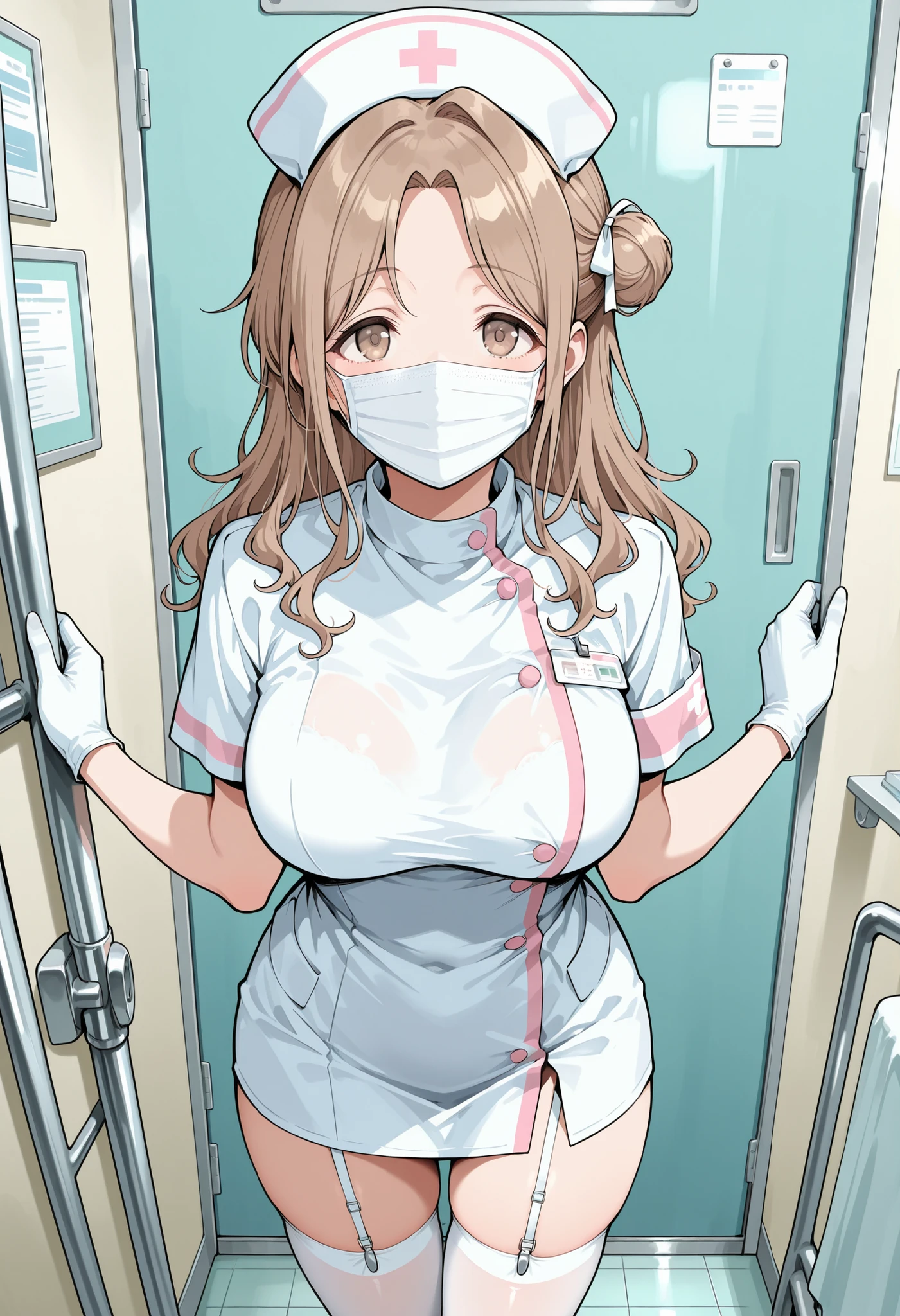 1girl, solo, nurse, nurse cap, white wear, ((white legwear, ichinose asuna)), white gloves, twintails, light brown hair, blue eyes, ((white surgical mask, covered nose)), standing, ((hospital room)), sharp outline, short sleeves, gigantic breasts, best quality, masterpiece