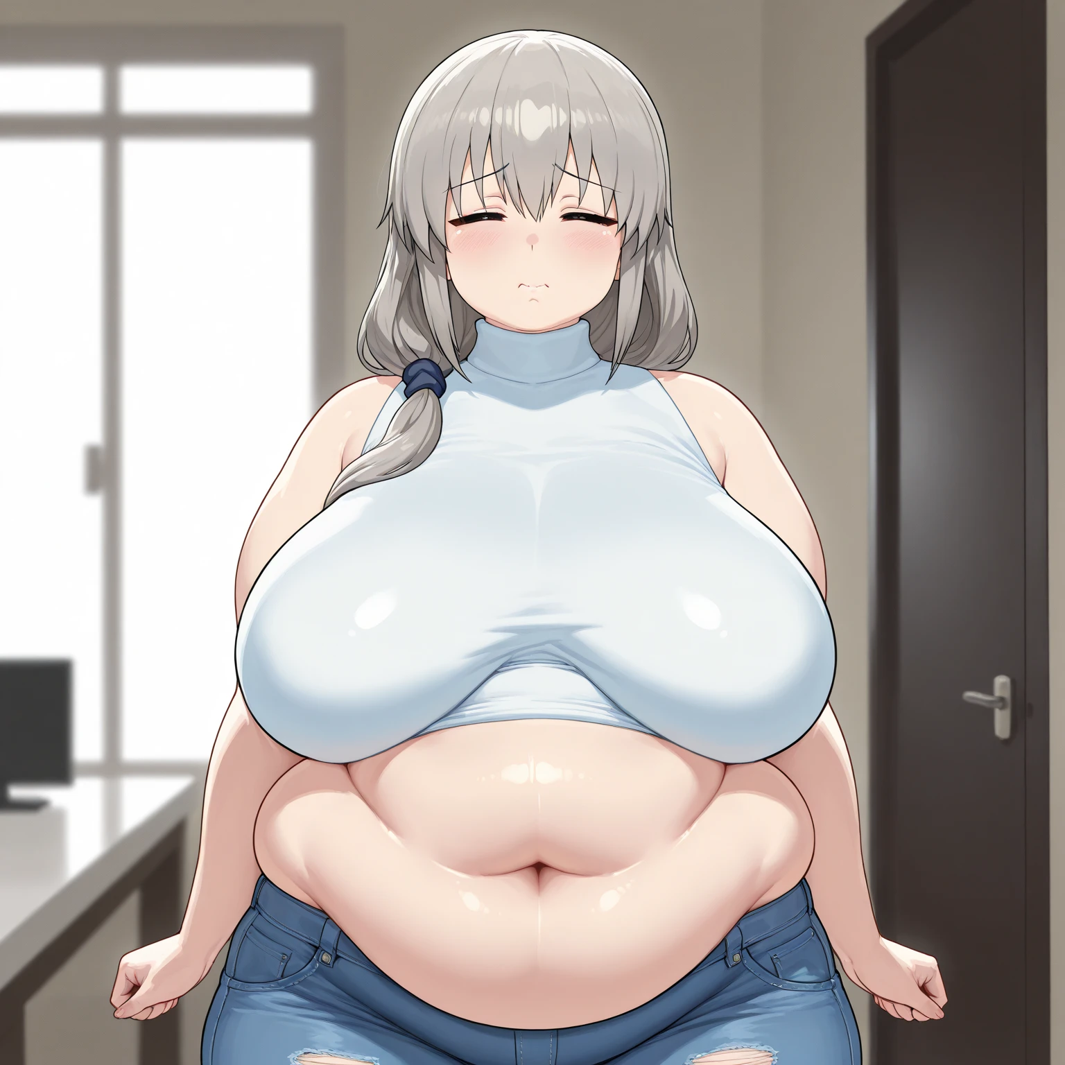 (masterpiece, best quality, absurdres), 1girl, solo, huge belly, chubby, belly, cowboy shot, fat, skin tight suit, obese, futuristic,