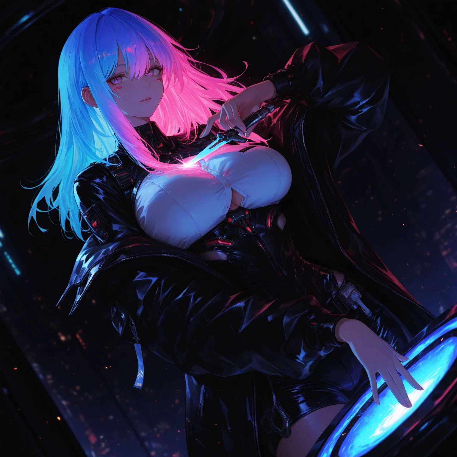 mksks style, masterpiece, best quality, ultra-detailed, illustration, close-up, straight on, face focus, 1girl, gothic, cyberpunk, nude, hands up spread, looking at viewer, cyberpunk city in the background