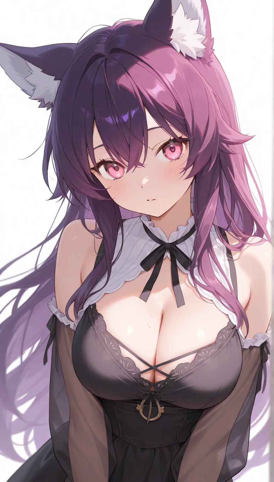 Beautiful foxgirl, big breasts, dark purple hair with pink highlights tips, masterpiece , red eyes, sexy, anime styled, 2D, mature, dynamic angle, long hair, fox tails, best quality, extremely detailed face, sharp details, high contrast, black bikini, beach, night time, mature, adult, mommy