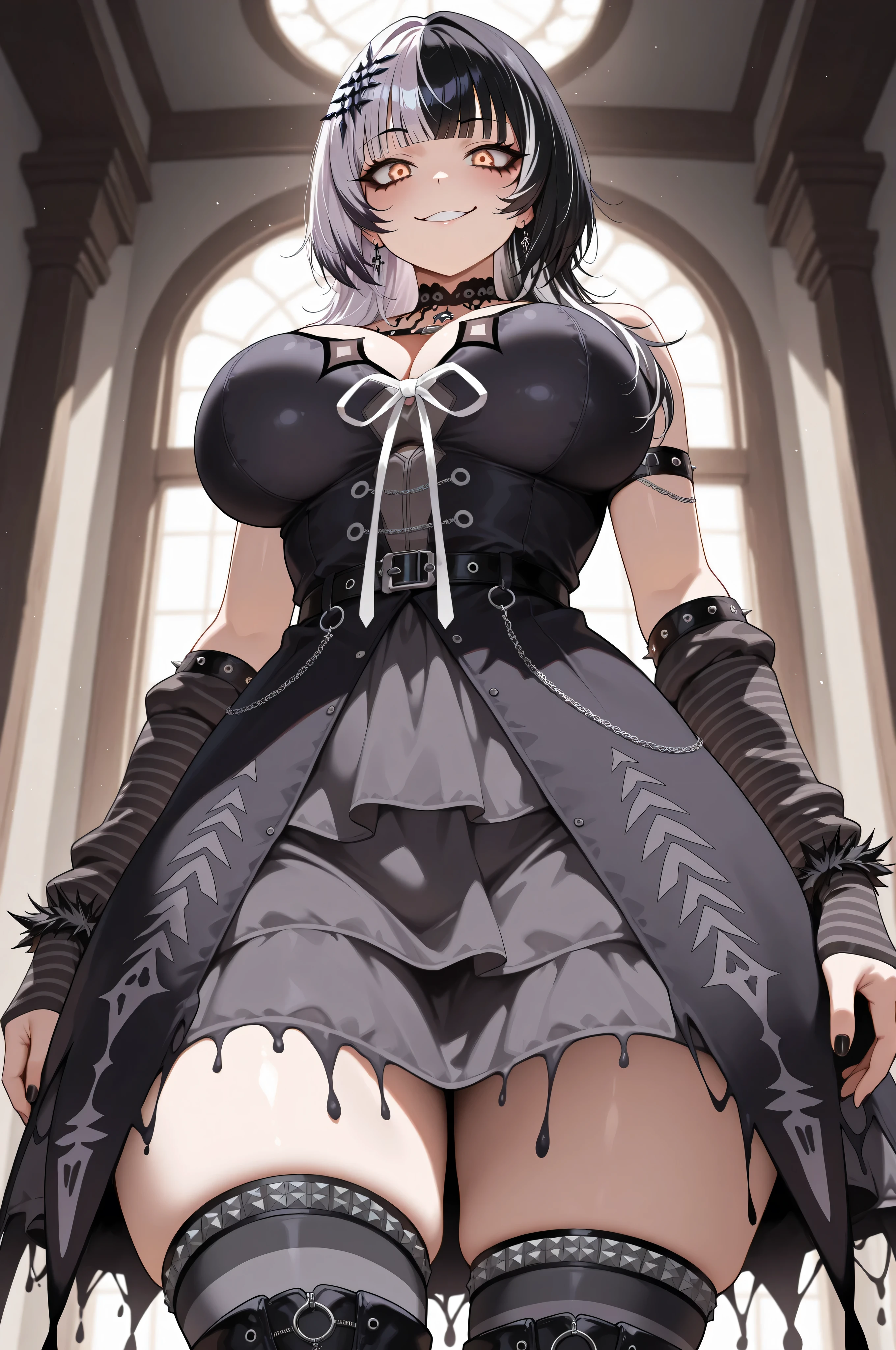 ((masterpiece, best quality))，exquisite details，finely detailed background，Delicate Light，ray tracing，Perfect texture，One woman，white shirt，black super shorts，Black chest strap on upper body，strangle，black stockings，Black Military Boots，red pupil，Glowing pupils，contemptuous eyes，evil smile，dark environment，sensual figure，big breasts and thin waist，tall man，full body shot shot，face turns red，white skin，skin narrowing，strangulation，mitt，black clothes，Footshot，Seductive behavior,SM Room
