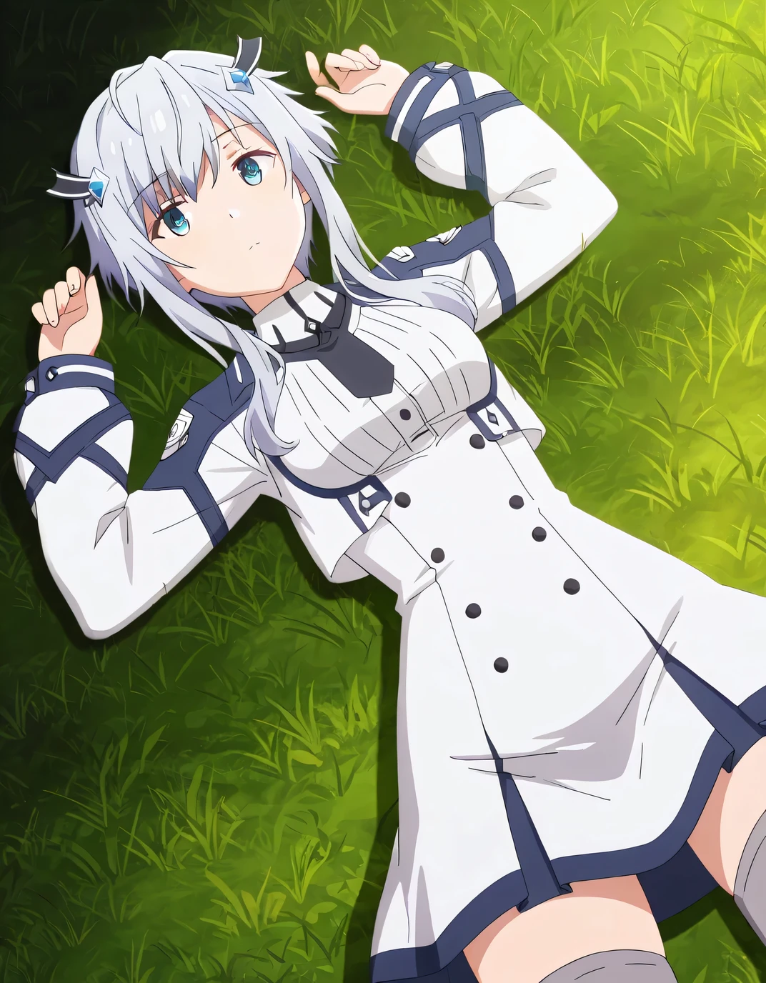 MishaNecron, 1girl, short hair with long locks, grey hair, white dress, uniform, grey thighhighs, 8k, high resolution, anime screencap, high quality, solo, lying, on back, arms up, legs apart, closed mouth, on grass, cowboy shot, expressionless, looking at viewer, best quality
