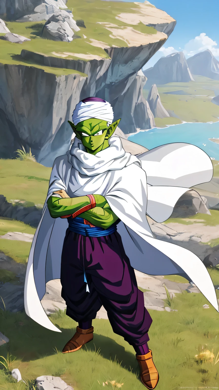 {{{masterpiece}}}, {{{best quality}}}, {{ultra-detailed}}, {illustration}, {{an extremely delicate and beautiful}}, (beautiful detailed eyes:1.6), extremely detailed face, 8k, anime face, piccolo(Dragon Ball),1boy, solo, pointy ears, bald, black eyes, green skin pink patches, purple dougi, purple pants, blue sash, (white turban), white cape, BREAK, glare, closed mouth, looking at viewer, crossed arms, rocky grassfields, standing, isometric drawing, whole body, (wilderness:1.2)