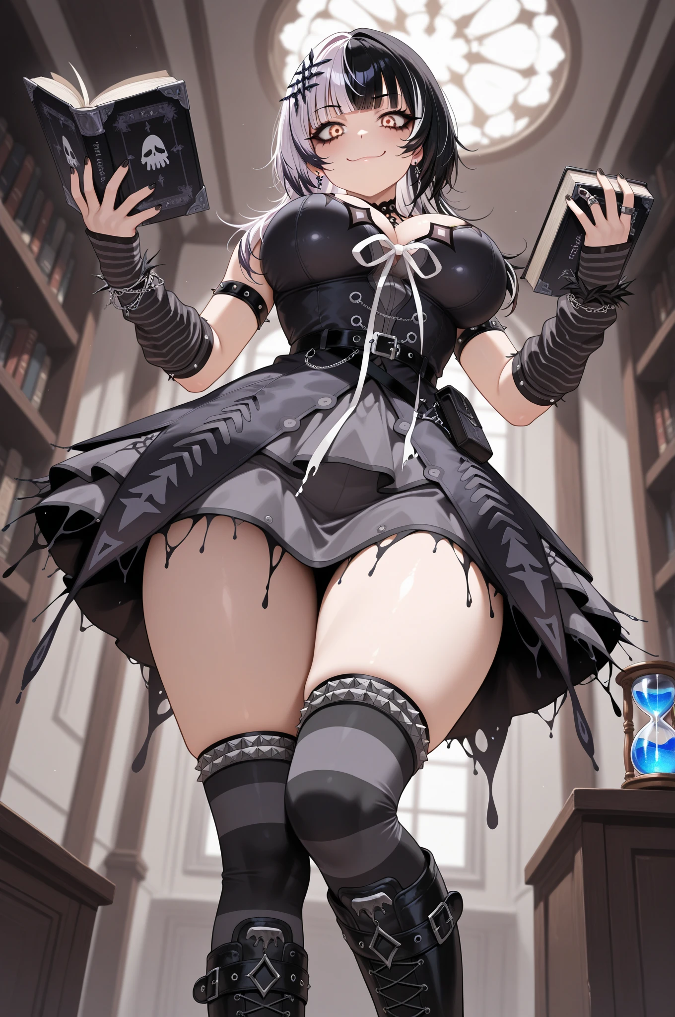 ((Biologically correct limb count))、(( From head to toe、Full-body photo including face))、4K、((Standing position))、masterpiece、((Focus on the face))、((Symmetrical facial features))、Eyes with detailed description、Beautiful woman、Great style、Beautiful arms、Beautiful legs、Beautiful Hands、(Small Ass、Thin thighs）、Facial detailing、Small earrings、necklace、(Red Boulangerie、Latex skirt、High heels、Latex stockings）、Face close-up、smile、The background is the park in the morning.、beret、Silver Hair、((Panty shot、M-shaped splits))、